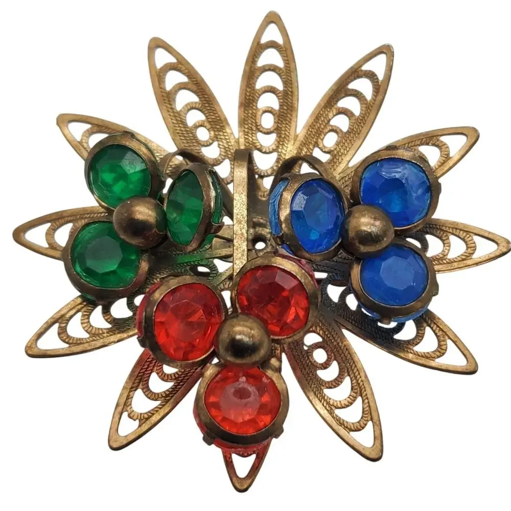Gold Tone Filigree Brooch Orange‎ Blue Green Starburst Cluster Pin Acrylic Deco